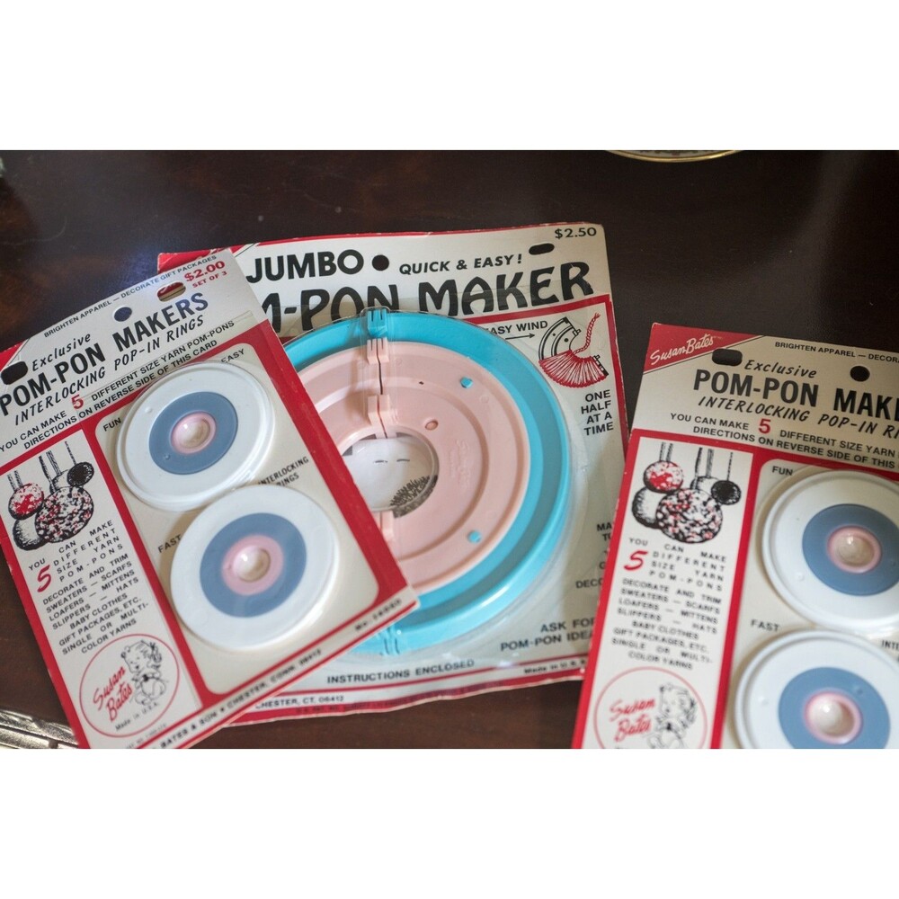 Vintage Susan Bates Pom Pon Makers Set of 3 Jumbo & Interlocking 2 NOS/OG PKG